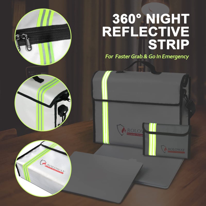 ROLOWAY Fireproof Document Bag with Reflective Strip  Large Fireproof Bag (15 x 12 x 5 inches)  Fireproof Safe Bag for Documents  Cash & Passport with Silicone Coating & Zipper Closure - Image 2